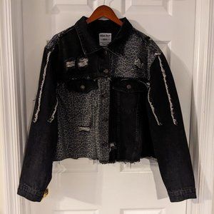 NWOT Plus Size Animal Print Distressed Jean Jacket, Leopard Pr. Black/Gray, 1XL